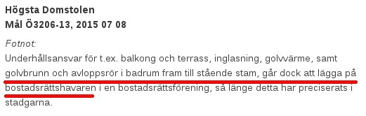 Skärmdump av dokument från Högsta Domstolen angående underhållsansvar i bostadsrättsförening.