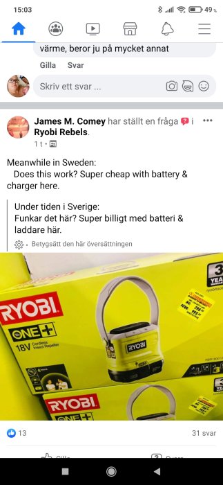 Ryobi insektsavvisare förpackning med batteri och laddare, pris och kvalitetsdiskussion i forumtråd.