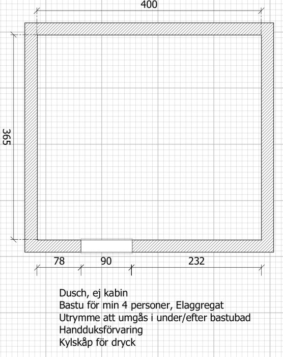 Ritning av en framtida relaxdel i källare med mått och indikationer för bastu, dusch, och umgängesytor.
