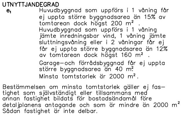 Dokument med text om byggnadsregler som beskriver nyttjandegrader för huvudbyggnader, garage och tomtstorlek.