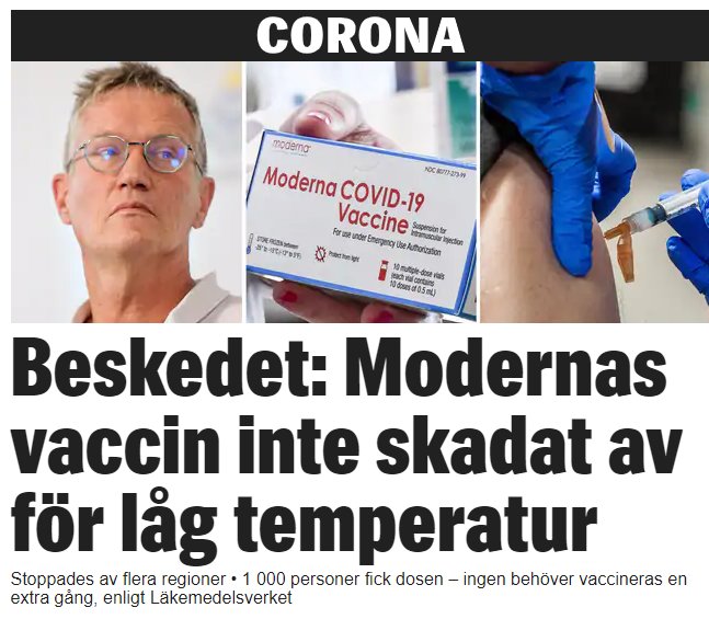 Artikel om Moderna-vaccinet med person som ser på lager av vaccindos och en annan får vaccination.