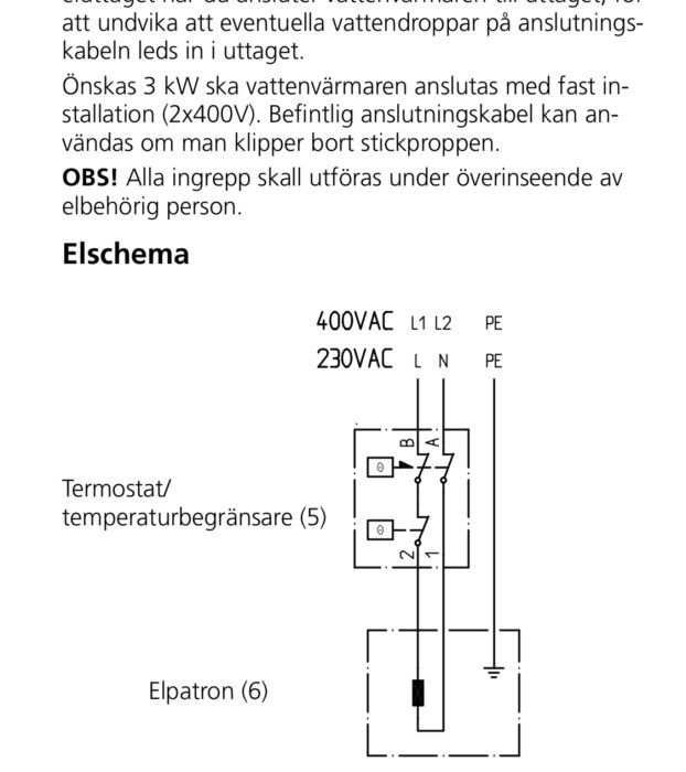 El-schema för koppling av Nibe Eminent 100L vattenvärmare med termostat och elpatron.