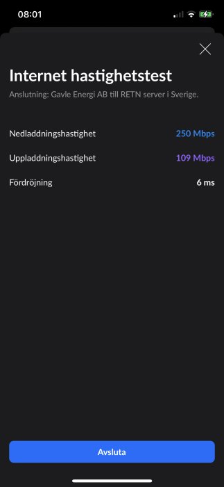 Skärmdump av resultat från ett internet hastighetstest som visar 250 Mbps nedladdning och 109 Mbps uppladdning.