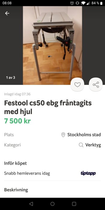 Festool cs50 ebg bordsåg med hjul i ett rum, prisangivelse 7 500 kr och sökordsknappar synliga.