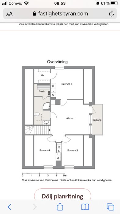 En Myresjöhus-planritning från 1990 med fråga om en rödmarkerad, potentiellt bärande vägg.