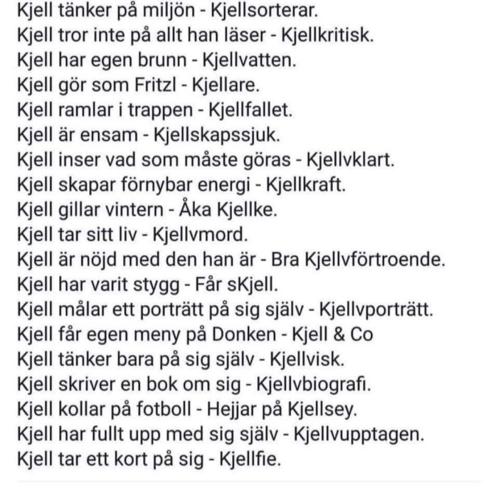 Text med ordlekar som involverar namnet "Kjell" och olika situationer, skrivet i svart på vit bakgrund.