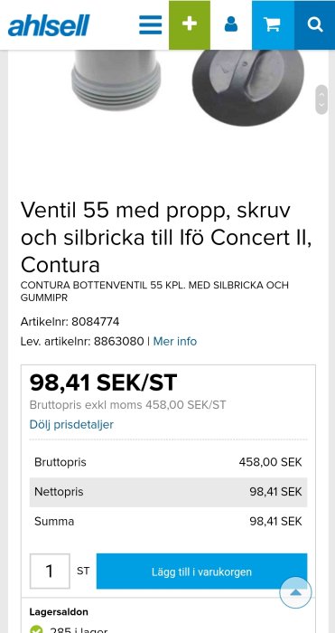 Ventil och prop med silbricka för Ifö Concert II Contura.