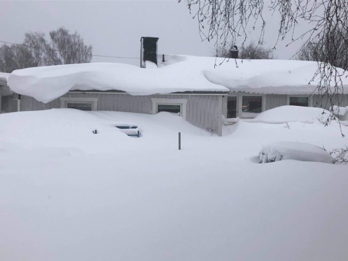 Ett hus i Luleå täckt av tjocka lager snö med synliga snödrivor och tak som böjer sig.