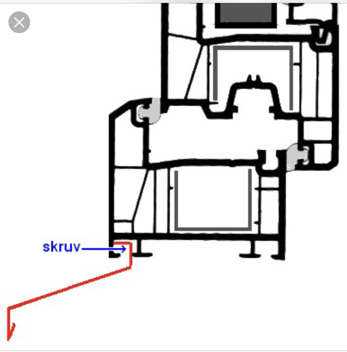 Diagram som visar montering av fönsterbleck på ett PVC-fönster utan sågat spår, markerad med skruv.