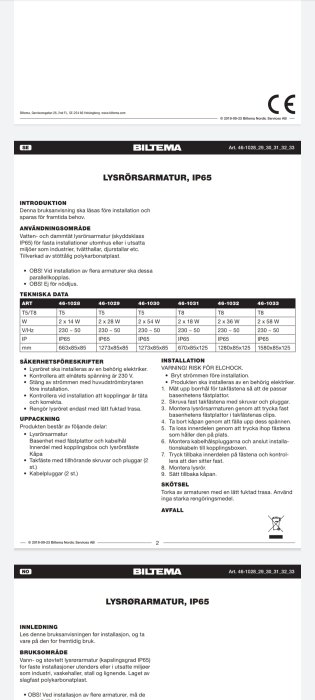 Bruksanvisning för lysrörsarmatur från Biltema med tekniska specifikationer, installationsinstruktioner och säkerhetsföreskrifter.