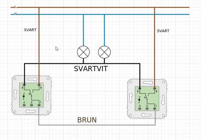 Elektrisk kopplingsschema med två strömbrytare och färgkodade ledningar i svart, brun och svartvit.