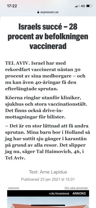 Skärmdump av en nyhetsartikel om Israels vaccinationsframgång med 28 procent vaccinerade.