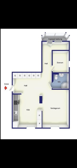 Planlösning av en lägenhet med etiketterade rum och möblering, markerad entré och inglasad balkong.