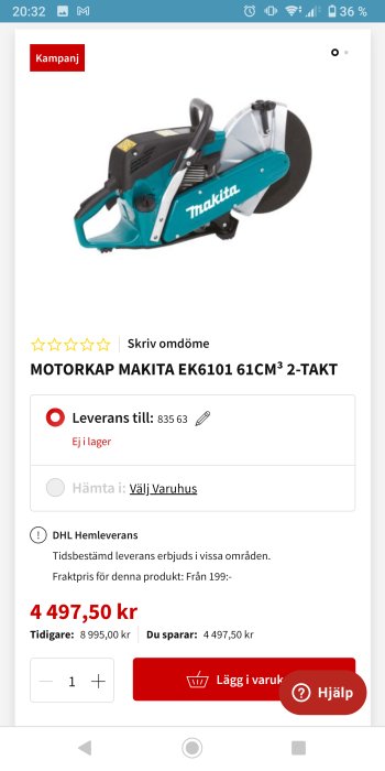 Bensindriven Makita motorkap EK6101 med skärskiva och blått hölje.