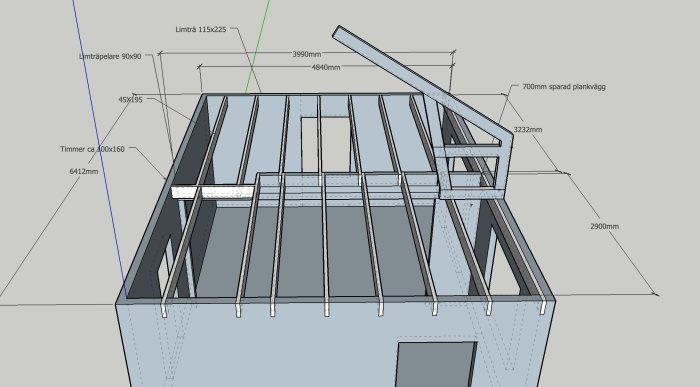 Arkitektonisk ritning som visar avväxling av plankvägg med dimensioner för limträbalk och limträpelare.