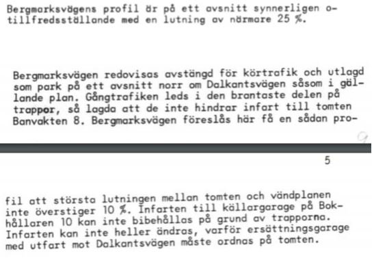 Skärmdump av ett dokument med text som beskriver Bergmarksvägens profil och planer för gångtrafik och körtrafik.