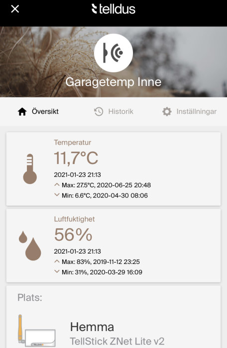 App-skärm visar inomhustemperatur och luftfuktighet för en garageuppvärmningsenhet.