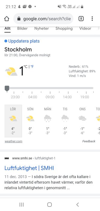 Skärmdump av väderprognos för Stockholm visar 89% luftfuktighet och 1 grad Celsius.
