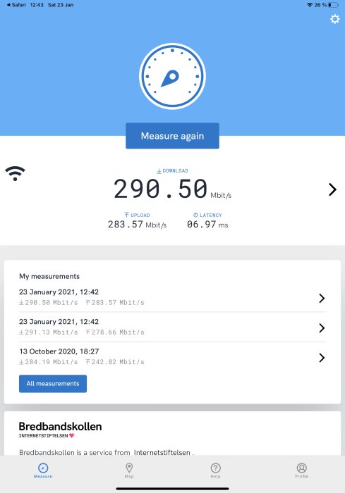 Skärmdump av hastighetstest som visar trådlös nedladdningshastighet på 290,50 Mbit/s och uppladdningshastighet på 283,57 Mbit/s.