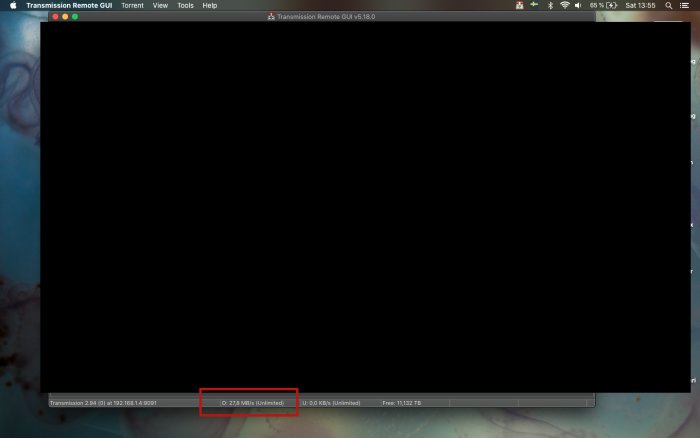 Skärmdump av Transmission Remote GUI med en nedladdningshastighet på 27.8 MB/s och 11.132 TB ledigt utrymme.