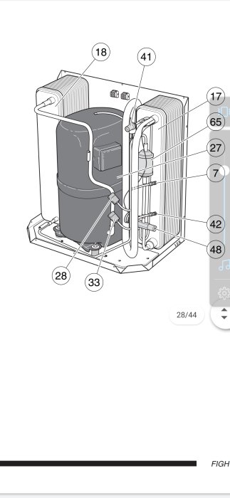 Illustration av en värmepumps inre komponenter med numrerade delar.