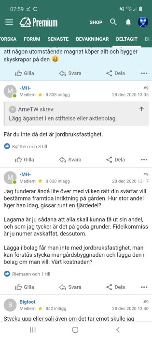 Skärmdump från en diskussionstråd på ett byggforum, visar textinlägg i mobil webbläsare.