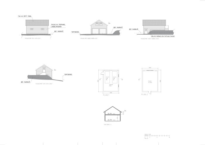 Arkitektritningar för ett dubbelgarage med övervåning, inkluderar fasadvyer och planlösningar.