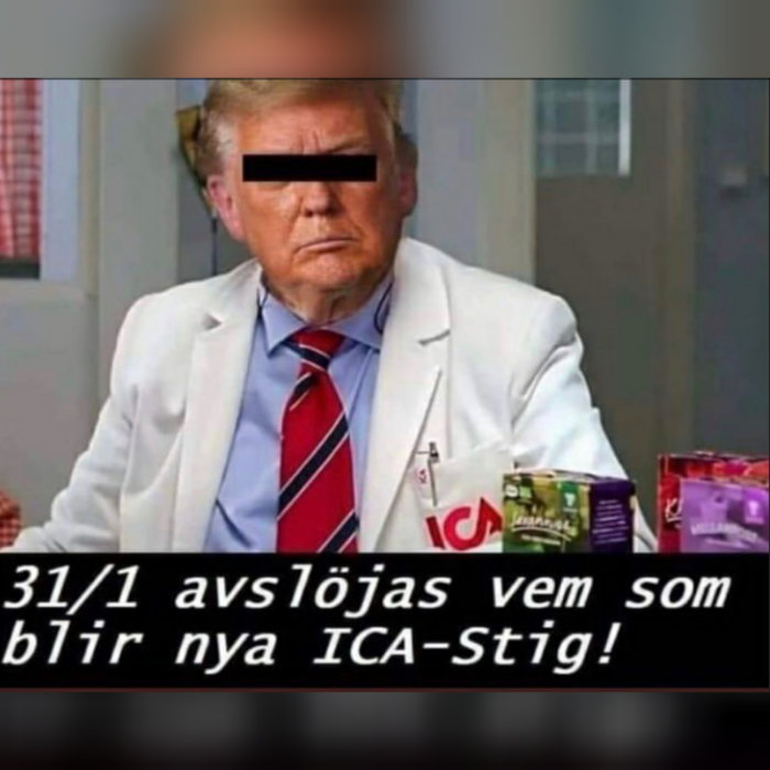 Redigerad bild av en man i kostym med ICA-skylt, ansiktet suddigt, och text som nämner ICA-Stig.
