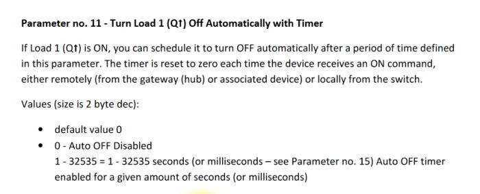 Instruktionsutdrag för hur man programmerar en Qubino Flush 1D-relä för att automatiskt stänga av med timer.