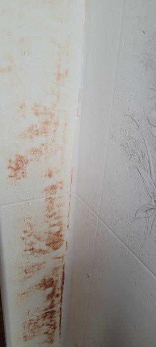 Röda fläckar på badrumsvägg som inte går att tvätta bort, belägen vid dörren.