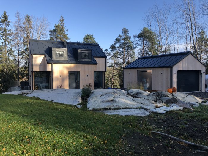 Modern villa med Sioox-behandlad träpanel på fasaden och matchande garage, beläget i skogsglänta.