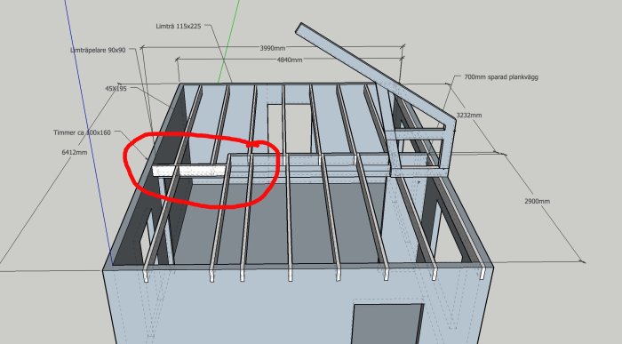 3D-modell av takkonstruktion med en rödringad section där en limträbalk slutar abrupt.