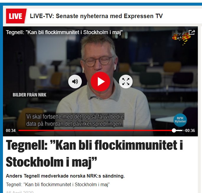 Skärmdump av nyhetsvideo med titel: "Tegnell: 'Kan bli flockimmunitet i Stockholm i maj'", under intervju på Expressen TV.