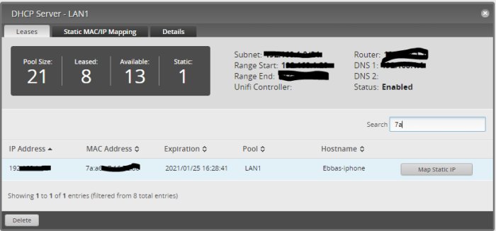 Skärmdump av DHCP Server GUI som visar MAC/IP-kartläggning och en sökfält för MAC-adresser.