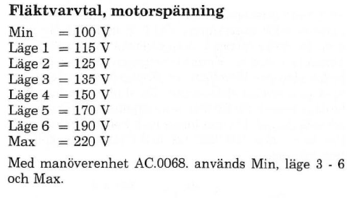 Tabell över fläktvarvtal och motorspänning från Min 100V till Max 220V med inställningar för Minimastern.