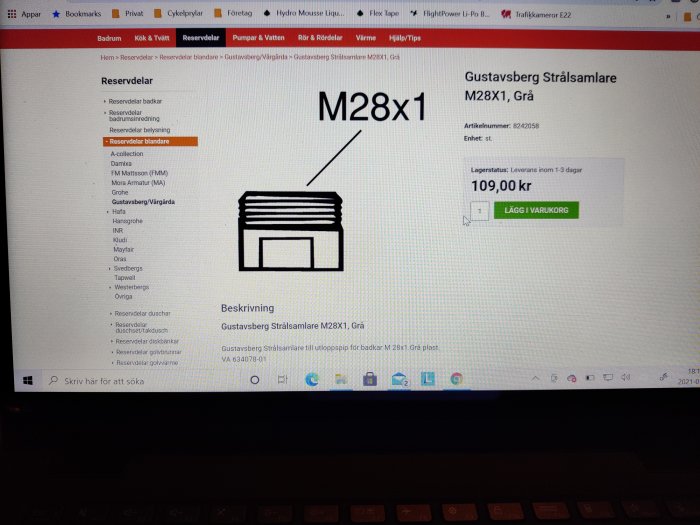Skärmdump av reservdel med M28x1 gänga på en webbutik, med priset 109 kr och alternativet att lägga till i varukorgen.