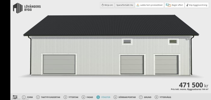 Arkitektritning av en byggnad med två garageportar och ett litet fönster, med angiven kostnad och byggyta.