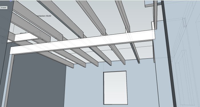 CAD-ritning som visar en bjälklagskonstruktion sedd underifrån med balkar, golvbjälkar och en befintlig plank.