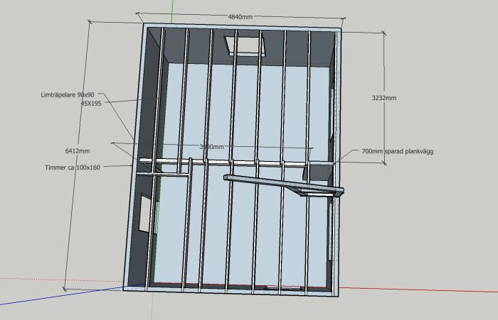 3D-ritning av en byggnadsstomme med måttangivelser och fält för limträpelare och sparad plankvägg.