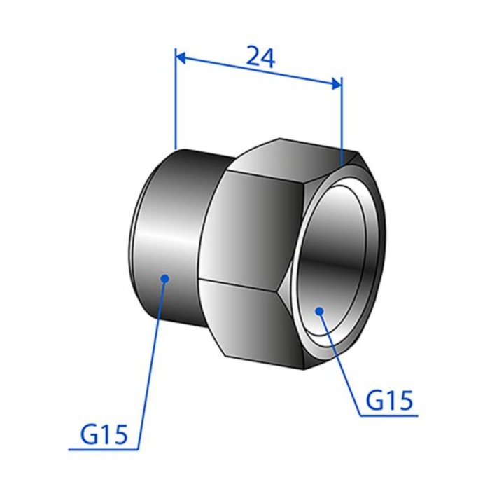 Teknisk illustration av Trio Perfekta övergångsnippel G15 med måttangivelser.
