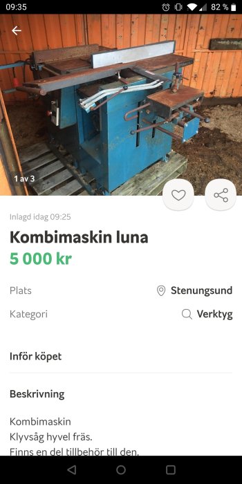 Begagnad Luna kombimaskin för klyvsåg, hyvel och fräsning med tillbehör i en verkstad.