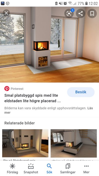 Modern hörnkamin med eldstad och integrerad vedförvaring i ett minimalistiskt rum med vinterutsikt.