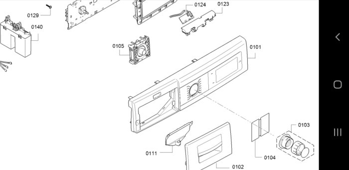 Exploded view diagram of a Bosch washing machine control panel and its components.