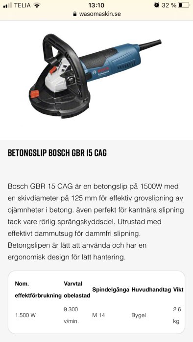 Betongslip Bosch GBR 15 CAG, en elverktyg för slipning av betong med teknisk specifikation och prisinformation.