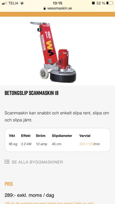 Betongslipmaskin modell 'Scanmaskin 18' för uthyrning listad på en webbsida, med specifikationer och prisinformation.