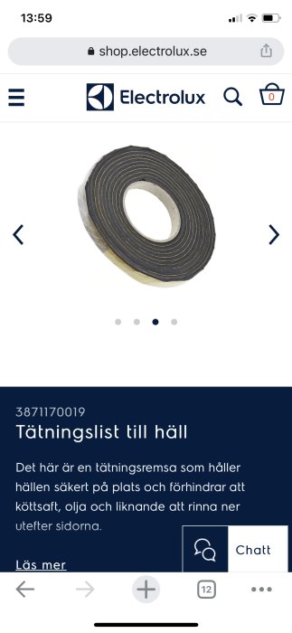 En rulle med svart tätningstejp visas i en webbshop för vitvarutillbehör.