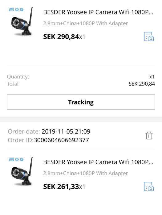 Skärmbild på en webbutik som visar en BESDER Yoosee IP-kamera med Wifi och 1080p, pris och beställningsdetaljer.