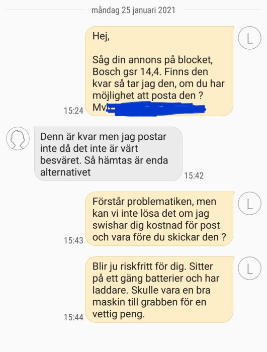 Skärmbild av en textkonversation där köparen erbjuder att betala i förväg för en Bosch GSR 14,4 borr.