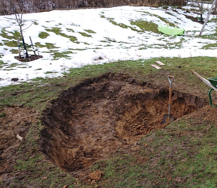 Uppgrävd gräsmatta för dränering med snötäckt trädgård och grön plastpool i bakgrunden.