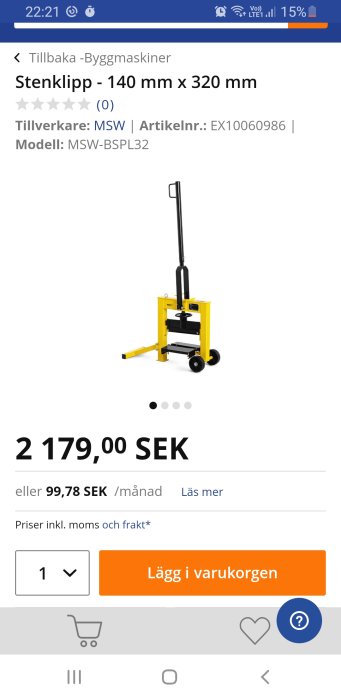 Gul och svart stenklipp på hjul med svart handtag och prisinformation, modell MSW-BSPL32.